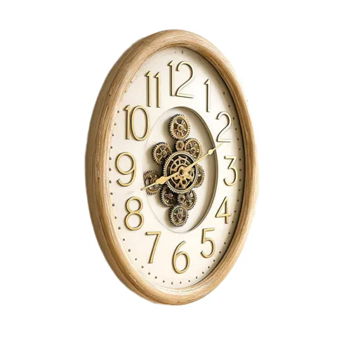 שעון קיר גלגלי שיניים אובלי מעץ מולבן 67*50 ס"מ