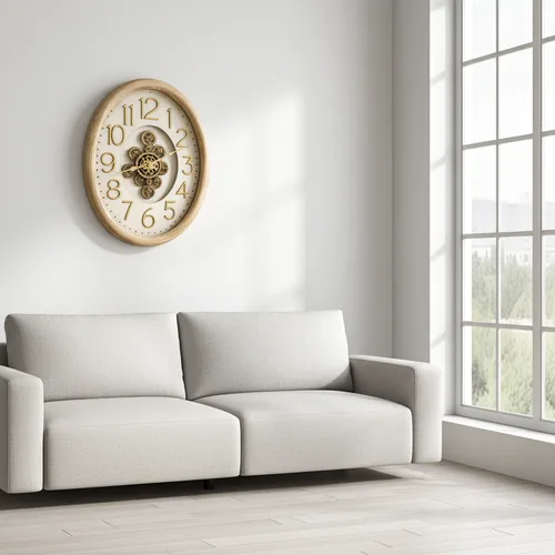 שעון קיר גלגלי שיניים אובלי מעץ מולבן 67*50 ס"מ