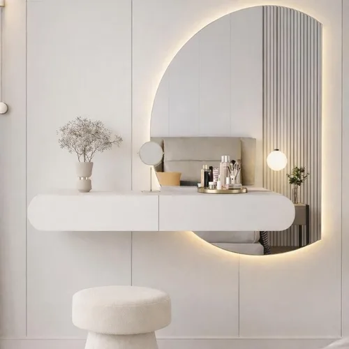 פינת איפור אורורה הכוללת שידה צפה ומראת לד חצי ירח